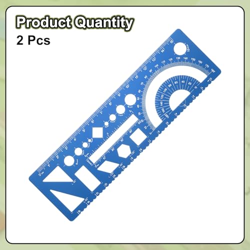 HARFINGTON 2pcs Multifunctional Geometric Rulers 15cm Metric and SAE Aluminum Straight Edge Protractor Angle Math Measuring Rulers Geometric Drawings Templates for Drawing Drafting, Blue - color: Blue