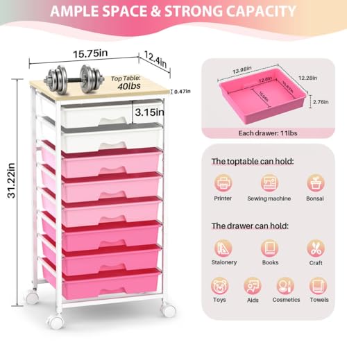 Goovilla Rolling Cart with 8 Drawers for Art, Dorm, Office, Craft, Pink | Utility Cart Organizer With 8 Removable Drawers and Wooden Tabletop, Lockable Rolling Storage Organizer for Classroom, Home - size: Pink