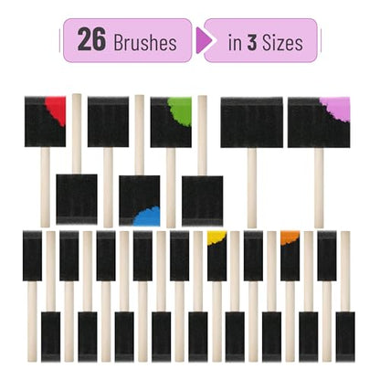 Bates- Foam Paint Brushes, 1", 2" & 3", 26 Pack, Multi-Surface, Including Sponge Brushes for Painting & Staining - size: 1", 2" & 3", 26 Pack