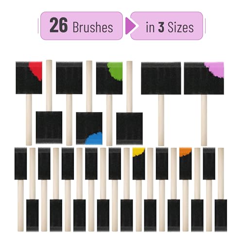 Bates- Foam Paint Brushes, 1", 2" & 3", 26 Pack, Multi-Surface, Including Sponge Brushes for Painting & Staining - size: 1", 2" & 3", 26 Pack