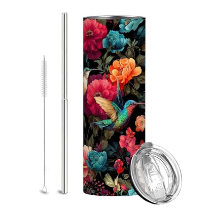 Firmiso 20 oz Tumbler | Skinny Insulated Travel Mug with Leak-proof Lid and Telescopic Straw | Hummingbird & Peony Stainless Steel Coffee Cup for Hot & Cold Drinks | Hummingbird Gifts for Women - color: Hummingbird