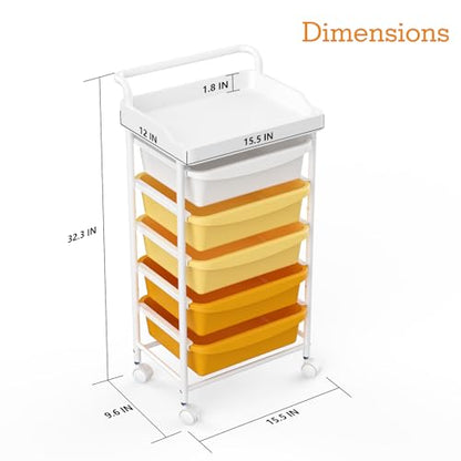 5 Drawers Plastic Rolling Storage Cart with Wheels, Teacher Supply - color: Orange