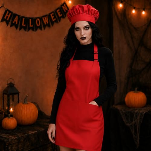 Tosewever Chef Apron Hat Set for Women and Men, Adjustable Bib Apron with 2 Pockets Costume Apron for Father Kitchen Cooking - color: Red