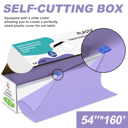 54IN X 160FT Plastic Table Cover Roll with Cutter Box, Cut to Size Plastic Table Cloths for Parties, Birthday, (Light Purple, 54"x1920") - color: Light Purple, size: 1920" x 54" (Rectangular)