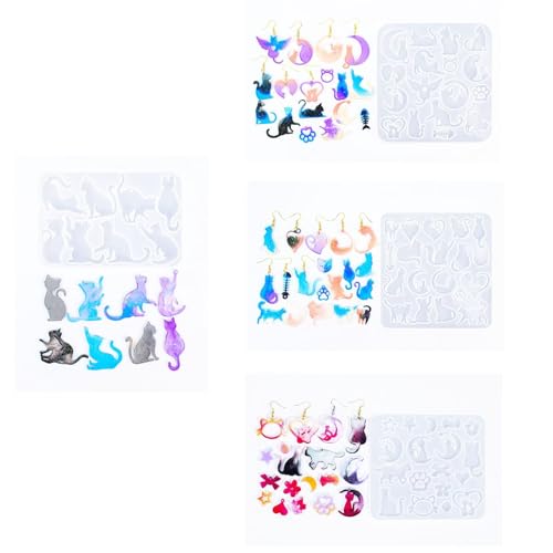 4 Piece Resin Earring Molds ， 60 Unique Shapes UV Cat Resin Molds with Holes Ideal for DIY Silicone Earrings Necklaces Jewelry and Animal Designs Creative Art Gifts - color: Cat