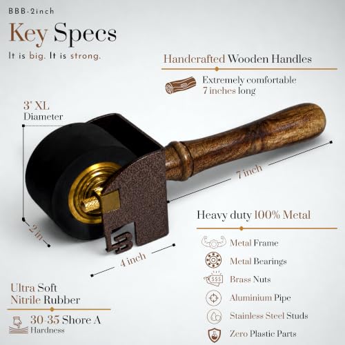 Leoball® Big Beautiful Brayer. 3" Diameter Roller with Ultra-Soft Nitrile Rubber Block Printing Brayer, Deluxe 30-35 Hardness, with Internal Bearing tech. 2 inch - size: 2 inch