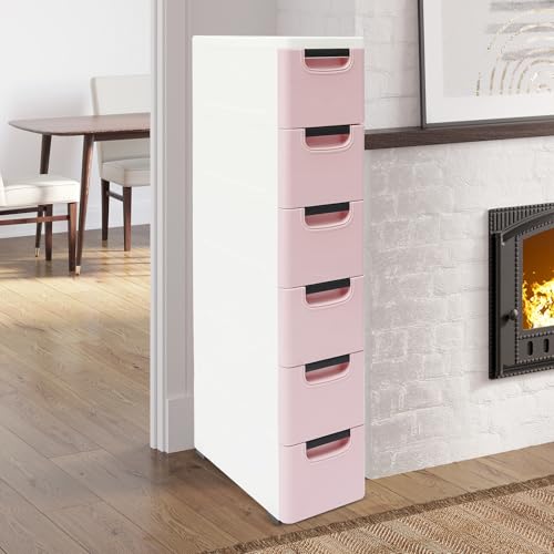 6 Drawers Plastic Storage Cabinet, Mobile Slim Utility Cart on Wheels, for Narrow Space Office Classroom Bedroom Bathroom (Pink) - color: Pink