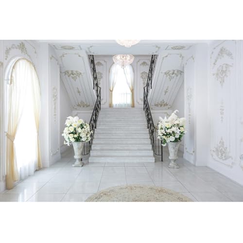 European Room Interior Backdrop 10x8ft Arched Window Stairs Chandelier Columnar Flowerbed Nordic Modern Photography Background Birthday Wedding Party Decor Portraits Photoshoot Wallpaper Props - color: Style 1, size: 10ftx8ft