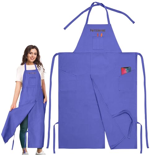 Full Coverage Pottery Apron Split Leg - 100% Cotton Canvas Potter's & Ceramics Aprons with Pockets for Women & Men - color: Voilet