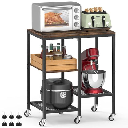OGEMXU Rolling Kitchen Microwave Cart,4 Tier Microwave Stand,Brown | Utility Cart on Lockable Wheels,Open Storage for Spices, Pots，Small Side Table,Coffee Cart for Living Room Office, Balcony - color: Rustic Brown