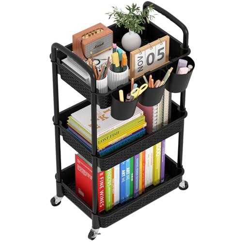 MOYIPIN 3-Tier Plastic Rolling Utility Cart with Handle,Utility Storage Cart for Office, Living Room, Kitchen,Movable Storage Organizer Shelves,Black with 3 Hanging Cups - color: Black, size: 3-Tiers with cups