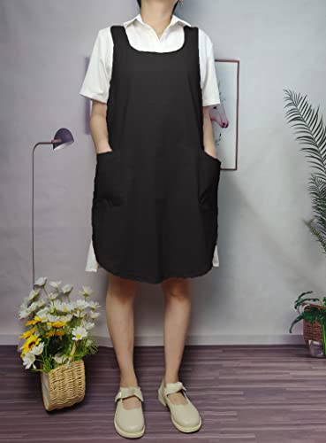 Cotton Cross Back Aprons Solid Color Cooking Kitchen Garden Smock for Women Girls with Pockets - color: Black