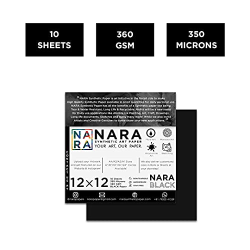 Nara Alcohol Ink Paper | Black, 12 x 12 inches, 350 Microns/360 GSM, Medium+, 10 Sheets, Stain-Free - color: Black_Square_Paper Sheets