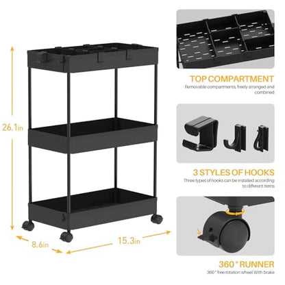 SPACELEAD 3 Tier Rolling Cart with Wheels, Storage Craft Art Trolley Organizer Serving, 3 Hanging Baskets Easy Assembly, for Office, Bathroom，Living Room, Kitchen, Black - color: Black
