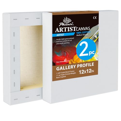PHOENIX 12x12 Inch 2 Pack Gallery Canvas - 1.5 in Thick Square Canvases for Painting - Deep Edge 100% Cotton 11 Oz. Gesso Primed White Blank Professional Canvas Oil & Acrylic Paints - size: 12"x12", style: Gallery