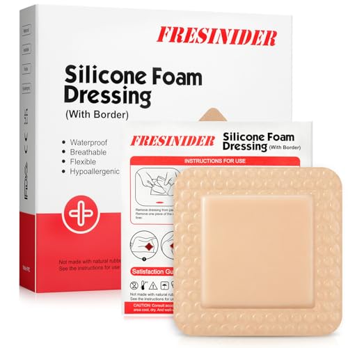 FRESINIDER Silicone Foam Dressing with Adhesive Border – Wound Dressing Bandage – Silicone Foam Pad – Pack of 5 – 3 x 3 Inches Large Waterproof Bandages – Self Adhesive Wound Care and Dressings - size: 3" x 3", 5pack