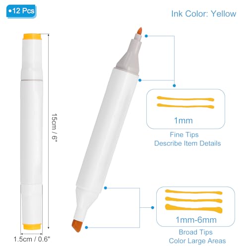PATIKIL Dual Tip Alcohol Art Markers, 12 Pcs White Barrel Alcohol Markers with Brush Tip and Fine Tip for Illustration Artist Adult Coloring Drawing Permanent Sketching, Yellow - color: Yellow