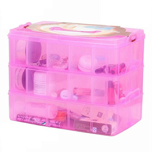 Kamay's Large 3 Tier Stackable Adjustable Compartment Slot Bead Craft Jewellery Tool Storage Organiser,Snap-lock Tray Container with 30 Compartments Pink - style: Large 3 Tier 30 Compartments Pink