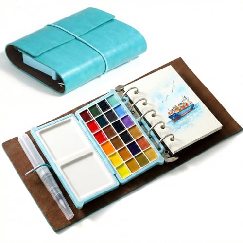 Portable Watercolor Sketchbook Set, Mini Watercolor Paint Set with 24 Colors, Brush & Drawing Paper, Travel Watercolor Kit for Artists Outdoor Painting - color: Watercolor Set