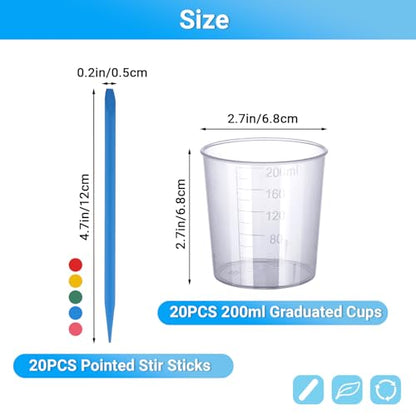 Resin Mixing Cups and Sticks, 70 Packs Epoxy Measuring Cups Kit - 20PCS 200ml Disposable Graduated Cups, 50PCS Pointed Stir Sticks for Mixing Paint, Stain, Epoxy, Resin - color: Clear cups+point stick, size: 200ml