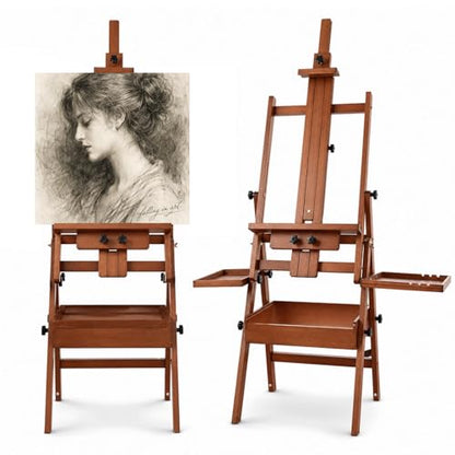 Large Horizontal Wooden Painting Easel, Holds up to 50'' | H-Frame Studio Easel Stand with Storage Drawer and Palettes, Suitable for Adults, Beginners, and Artists, Walnut - style: Walnut