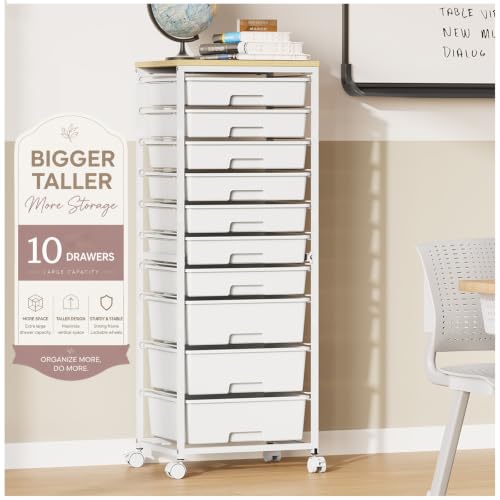SYKIARIOL Rolling Storage Cart with 10 Drawers,White | Craft Cart with 3 Big Drawers + 7 Small Drawers,Teacher Storage Cart with Wooden Tabletop for School,Office and Home