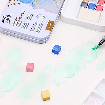 Mont Marte Premium Metallic Watercolor Cake Set, 21 Piece, 18 Colors, 1 Water Brush, 1 Sponge, 4 Mixing Wells - color: basic