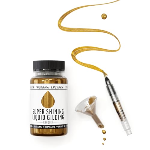 KAMENSKAYA Liquid Gold Leaf Paint - Alcohol Based Fast Drying Rich Gold Liquid Leaf, 3.38 fl oz (100 ml) | Liquid Leaf Paint with Natural Metallic Pigment, Strong Shine, Pen Brush & Funnel, One-Coat Coverage – Made in EU - color: Rich Gold, size: 3.38 Fl