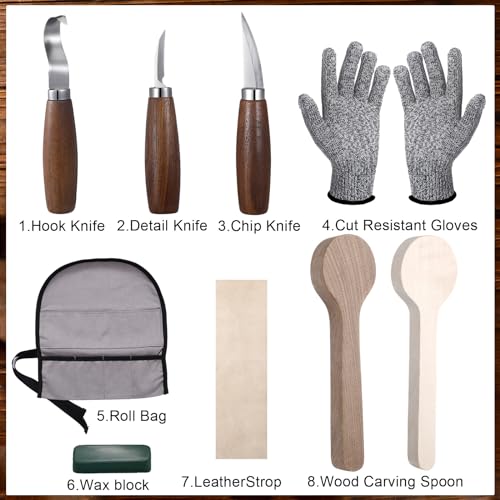 Gisafai 15 Pcs Spoon Carving Kit Wood Whittling Kit Includes 3 Wood Carving Knife 8 Spoon Blank and Gloves for Adults and Kids Beginners Gifts