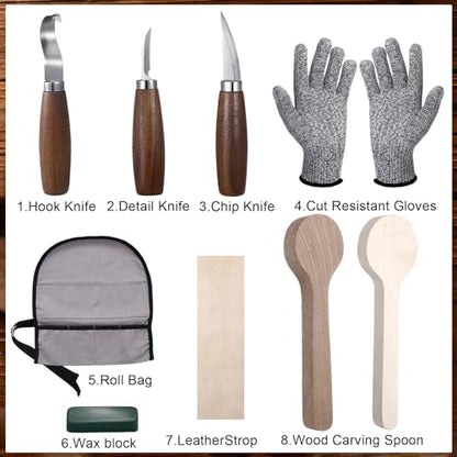 Gisafai 15 Pcs Spoon Carving Kit Wood Whittling Kit Includes 3 Wood Carving Knife 8 Spoon Blank and Gloves for Adults and Kids Beginners Gifts