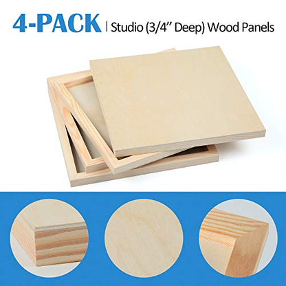 4 Pack 12x12’’ Unfinished Birch Wood Panels Kit for Painting | Studio 3/4’’ Deep Wooden Canvas, Cradle Boards for Acrylic Pouring, Art, Crafts, Epoxy Resin, Laser Engraving Cutting - size: 12'' x 12'' Studio