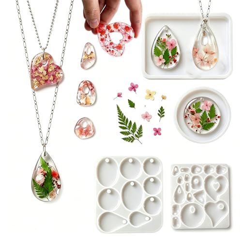2Pcs Silicone Resin Casting Mold Set for Jewelry Pendants, Round, Oval, Heart and Teardrop Shapes with Hole Silicone Mold for Crafts Keychain Earrings Pendant Epoxy Resin Jewelry Making