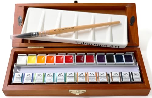 Professional Watercolor Paint Set - 24 Half Pan Highly Pigmented Transparent Water Color Adult Paints with #4 Synthetic Water color Brush, Ceramic Mixing Palette & Wooden Box Gift Watercolor Kit