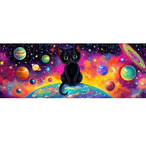 Bimkole Planet Paint by Number for Adults, DIY Oil Painting Kit Cat Universe on Canvas with Paintbrushes and Acrylic Pigment, for Paint by Numbers for Beginner, for Home Wall Decor 31.5x11.81 Inch - color: 001-Planet Cat