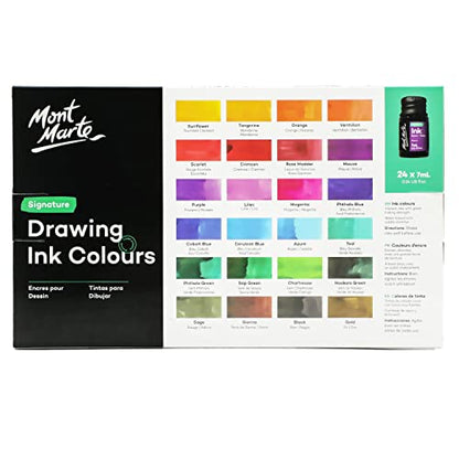 Mont Marte Drawing Ink Colors Signature 24pc x 0.24 US fl.oz (7ml), Art Set Includes Vibrant Ink Colors, for Illustration, Calligraphy, Scrapbooking.