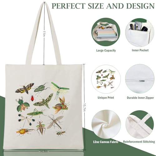 Canvas Aesthetic Tote Bag for Women with Inner Pocket Totes Shoulder Book Bag Shopping Reusable Grocery Bags - color: Bugs Pattern