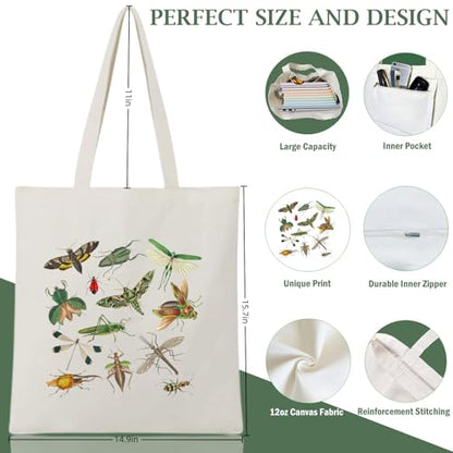 Canvas Aesthetic Tote Bag for Women with Inner Pocket Totes Shoulder Book Bag Shopping Reusable Grocery Bags - color: Bugs Pattern