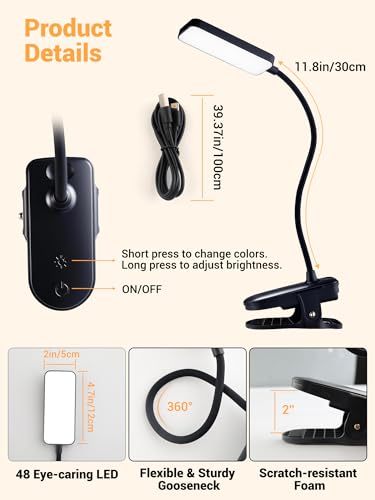 Clip on Light,9 Brightness+5 Color Rechargeable Lamp,48 LED Small Desk Lamp - color: Black