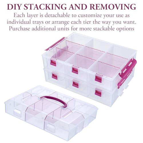 MyGift 11 Inch Clear Arts and Crafts Stackable Container, Sewing Supplies Storage Organizer Case with Pink Accents, 24 Customizable Compartments, and 6 Drawers with Removable Dividers - color: Pink