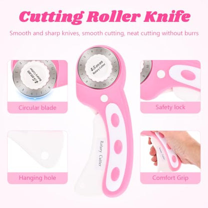 45mm Rotary Cutter for Fabric with 10pcs Replacement Blade, Rolling Fabric Cutter Crochet Edge Skip Stitch Blade for Quilting Crafts Sewing(COLOR:pink)