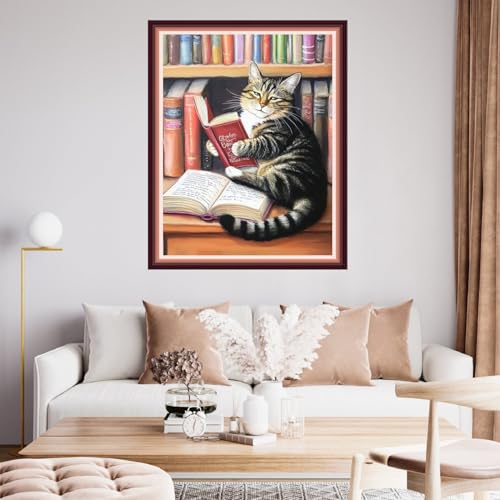 Fanxvivy Stamped Cross Stitch Kits for Beginners Full Range of Cross Stitching Preprinted Embroidery Kits for Adults, 11CT Embroidery Pattern Needlepoint Kits-Cat Reading 16x20 inch - color: Artdesign22