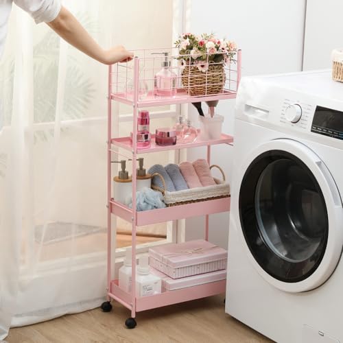 KINGRACK 4 Tier Slim Rolling Cart, Metal Utility Storage Cart with Wheels | 5.7" Raised Edge, Narrow Space Trolley Organizer for Bathroom, Kitchen, Office, Dorm, Laundry, Living Room, Pink - color: Pink, size: 4-Tier