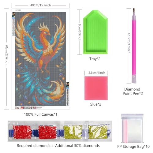 ARTGOTO Phoenix B Diamond Painting Kit for Adults 15.7 x 27.5 Inch | Large 5D Full Square Drill Diamond Art Kit, Orange Firebird DIY Gem Art Canvas with 2 Tool Sets, 30% Extra Diamonds - color: AGT002