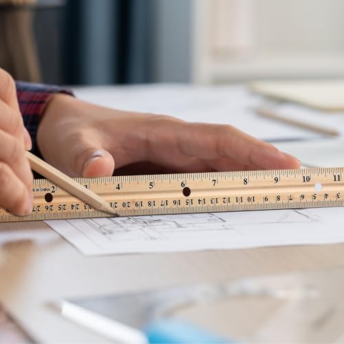 12 Pack Wood Rulers Dual Scale Student Ruler 12 Inch/30 cm | Wooden Measuring Ruler 4 Hole, 12 Inch Ruler Bulk for School Office, Classroom Drafting Supplies, 2 Scale Straight Metal Edge