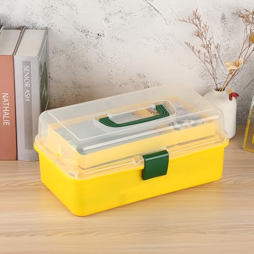 BTSKY 3-Layer Plastic Dividing Storage Box Craft Organizer and Storage | Portable Handled Art Supply Organizer with Adjustable Spacers Multipurpose Home Utility Box for Medicine Sewing(Yellow+Green) - color: Yellow+Green