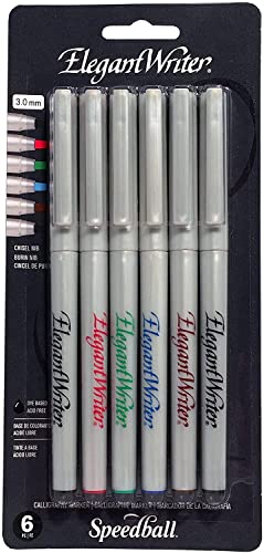 Speedball Elegant Writer Calligraphy 6 Marker Set, Assorted Colors, 3.0 mm Chisel Nib Tip Pens for Drawing, Journaling, and Scrapbooking - color: Assorted Colors, style: 3.0 mm