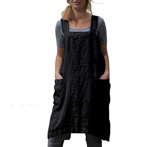 VLZUFE Cotton Linen Apron for women Cross Back Apron Pinafore Dress for Baking Cooking Gardening Work - color: Black, size: Large
