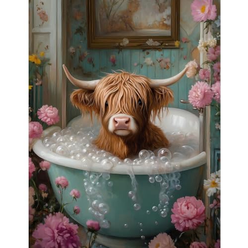 YULIDECO Highland Cow Square Diamond Art,DIY Bathroom Diamond Art Kits for Adults,Full Drill Diamond Painting Kit,Home Wall Art Diamond Painting(12x16 Inch)