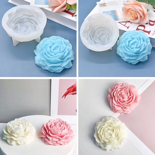 3PCS Rose Peony Flower Silicone Candle Molds 3D Rose Fondant Mold with Large-Eye Wicking Needle,Candlewick Soap Molds Epoxy Resin Casting Candle Molds Chocolate Cake Dessert Decor Art Crafts - color: Rose-Peony
