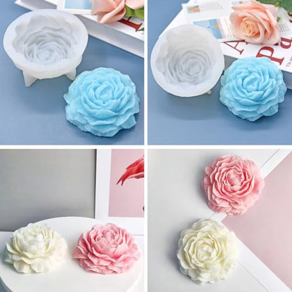 3PCS Rose Peony Flower Silicone Candle Molds 3D Rose Fondant Mold with Large-Eye Wicking Needle,Candlewick Soap Molds Epoxy Resin Casting Candle Molds Chocolate Cake Dessert Decor Art Crafts - color: Rose-Peony